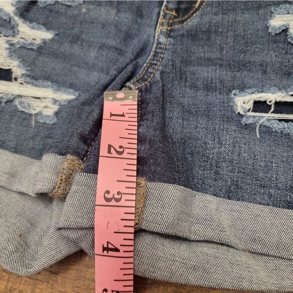 SO Jean High-Rise Curvy Midi Short Dark Wash Denim Distressed Stretch Size 0 - Picture 3 of 9